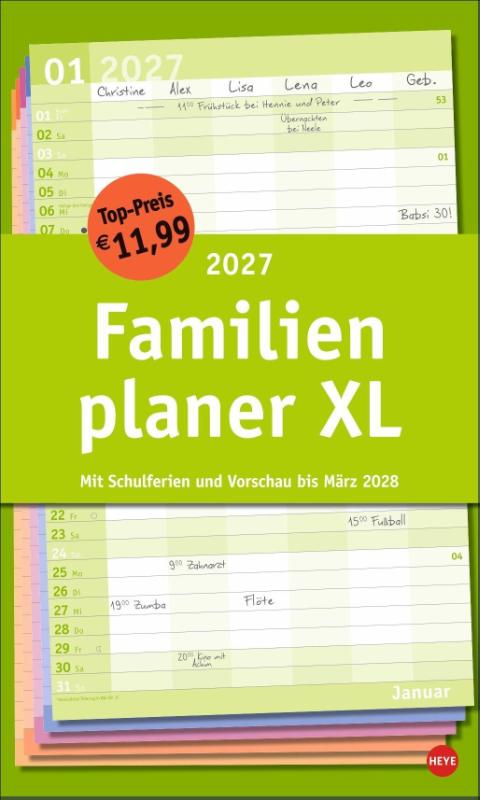 Basic Familienplaner XL 2027 - Familienkalender mit 6 Spalten. Praktischer Familien-Wandkalender mit Schulferien. Extra breiter Terminkalender. 27 x 45 cm.