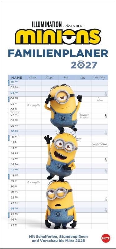 Minions Familienplaner 2027 - Familienkalender mit 5 Spalten. Wandkalender mit Schulferien und Stundenplänen.