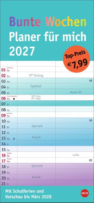 Bunte Wochen Planer für mich 2027 - Praktischer Wandplaner mit 2 Spalten. Wandkalender mit Schulferien und 3-Monats-Ausblick aufs Folgejahr. Terminkalender 2027 zum Eintragen.