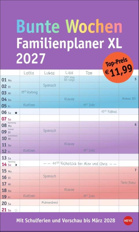 Bunte Wochen Familienplaner XL 2027 - Familienkalender mit 6 Spalten. Praktischer Familien-Wandkalender mit Schulferien. Extra breiter Terminkalender.