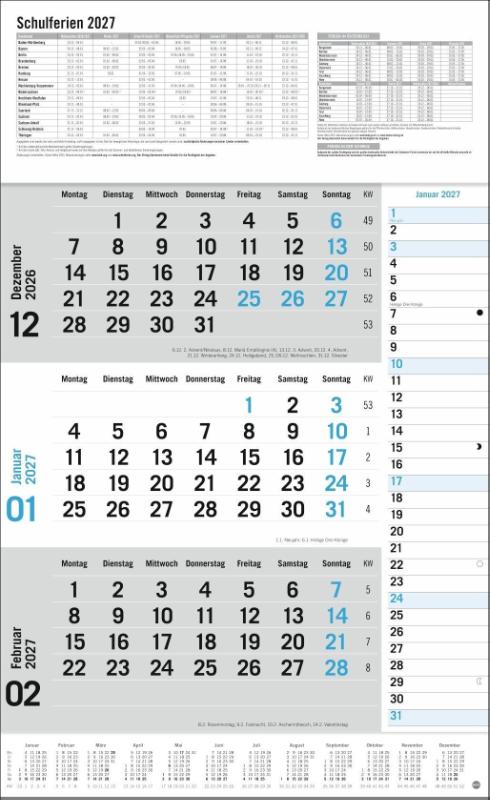 3-Monats-Planer Klappfälzel 2027 - Praktischer Wandplaner mit Datumsschieber. Büro-Kalender mit Notizspalte und Jahresübersicht. Wandkalender 2027.