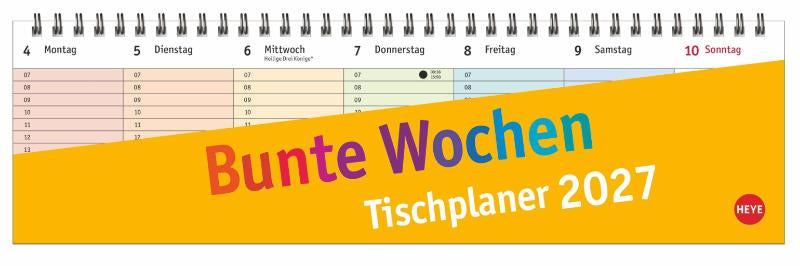 Bunte Wochen Wochenquerplaner 2027 - Übersichtlicher Umklapp-Kalender 2027 mit farbig markierten Tagen. Tisch-Kalender für den Schreibtisch.