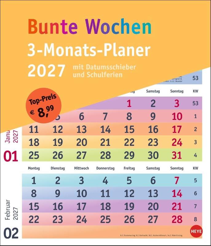 Bunte Wochen 3-Monatsplaner 2027 - Farbenfroh und übersichtlich: Wandkalender 2027 mit 3-Monats-Ansicht, Datumsschieber und Schulferien. Neutraler Planer für den schnellen Überblick