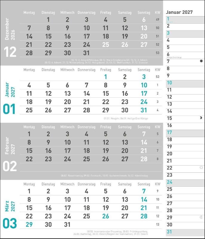 times&more 4-Monatsplaner, türkis 2027 - times&more - Praktischer Wandplaner mit Datumsschieber. Büro-Kalender mit Notizspalte und Jahresübersicht. Wandkalender 2027 fürs Büro. 30 x 35 cm.