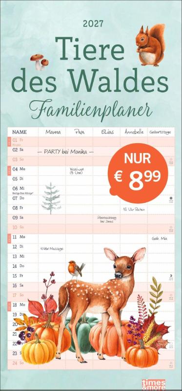 tm Tiere des Waldes Familienplaner 2027 - Wandkalender 2027 zum Eintragen mit zauberhaft illustrierten Waldtieren. Familienkalender mit 5 Spalten Platz für alle wichtigen Termine