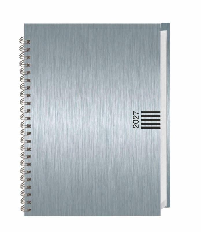 Wochen-Cheftimer A5, Alu silber 2027 - Wochenkalender. Silberner Terminkalender in Aluoptik. Buch-Kalender mit Eckperfoation und Spiralbindung. Taschenkalender zum Planen von Terminen.