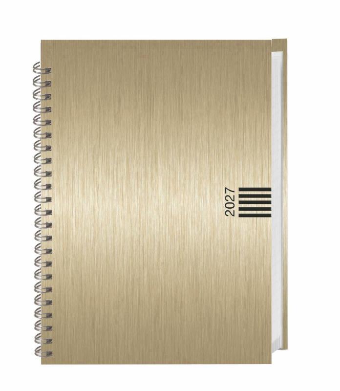 Wochen-Cheftimer A5, Alu gold 2027 - Wochenkalender. Goldener Terminkalender in Aluoptik. Buch-Kalender mit Eckperforation und Spiralbindung. Taschenkalender zum Planen von Terminen.