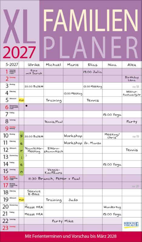 XL Familienplaner 2027 - Familienkalender mit 6 breiten Spalten. Hochwertiger Familientimer mit Ferienterminen, extra Spalte, Vorschau bis März 2027 und nützlichen Zusatzinformationen.