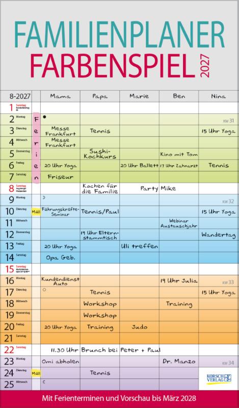 Familienplaner Farbenspiel 2027 - Familienkalender, 5 breite Spalten, guter Überblick durch farbliche Wochen. Mit Ferienterminen, Vorschau bis März 2027 und nützlichen Zusatzinformationen.
