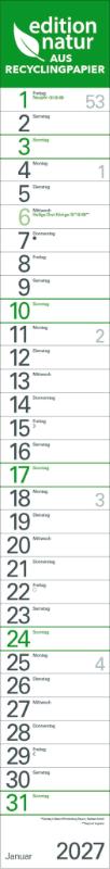 Streifenplaner Grün Recyclingpapier Edition Natur 2027 - Wandplaner und Bürokalender als praktische Monatsübersicht. Streifenkalender schmal: 11,8 x 89 cm