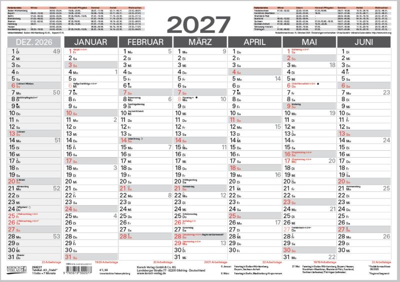 Tafelkalender A3 "Stabil" 2027 - 14 Monate auf Vorder- und Rückseite I Dicker Karton I Ferientermine und Feiertage