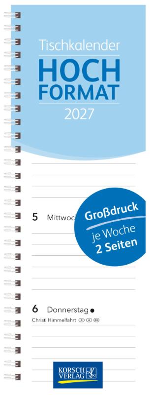 Tischkalender Hochformat Großdruck 2027 - Bürokalender mit extra großen Zahlen im Hochformat 10,5 x 29,8 cm. 1 Woche 2 Seiten.