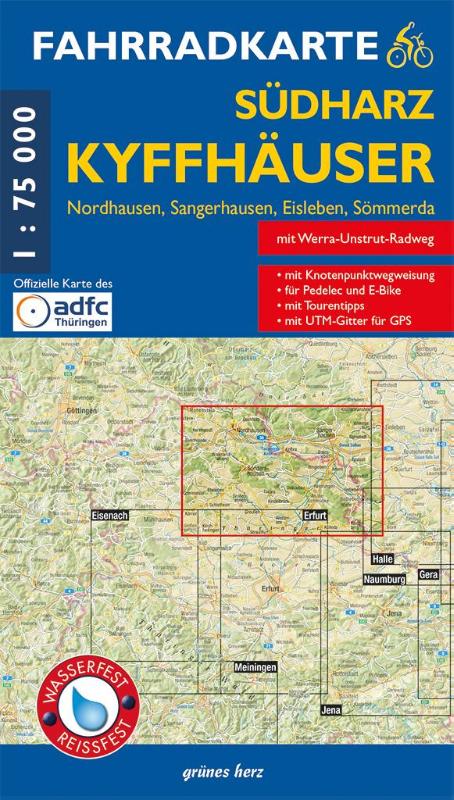 Fahrradkarte Südharz, Kyffhäuser - Mit Nordhausen, Sangerhausen, Eisleben, Sömmerda und Kyffhäuser-Radweg. Offizielle Karte des ADFC-Landesverbandes Thüringen. Mit UTM-Gitter für GPS. Maßstab 1:75.000. Wasser- und reißfest.