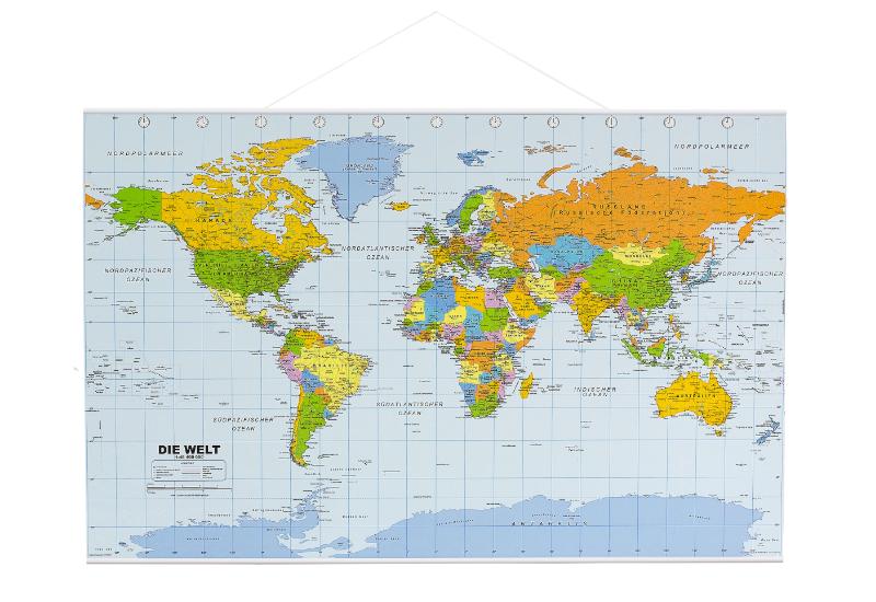 Politische Weltkarte in deutsch als Poster, ca. 88x58cm - mit Leisten, Maßstab 1:46.400.000 Mio.