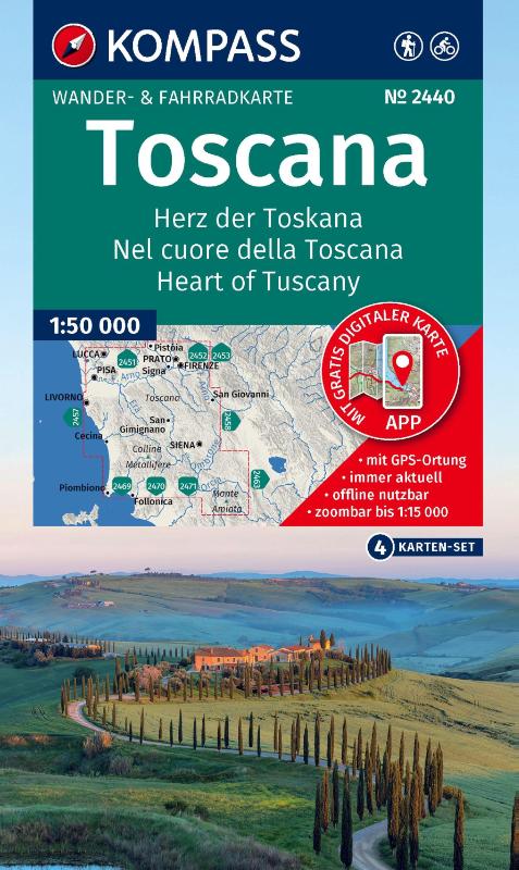 KOMPASS Wanderkarten-Set 2440 Toscana, Herz der Toskana, Nel cuore della Toscana, Heart of Tuscany (4 Karten) 1:50.000 - inklusive Karte zur offline Verwendung in der KOMPASS-App. Fahrradfahren.