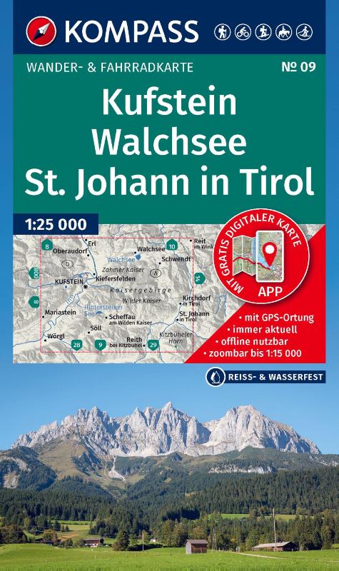 KOMPASS Wanderkarte 09 Kufstein, Walchsee, St. Johann in Tirol 1:25.000 - Wander- und Fahrradkarte in einem - inklusive Offline-Verwendung in der KOMPASS-App. Wander-& Radwege. Skitouren.