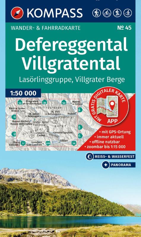 KOMPASS Wanderkarte 45 Defereggental, Villgratental, Lasörlinggruppe, Villgrater Berge 1:50.000 - Wander- und Fahrradkarte in einem - inklusive Offline-Verwendung in der KOMPASS-App. Wander-& Radwege. Panorama. Skitouren. Langlaufen.
