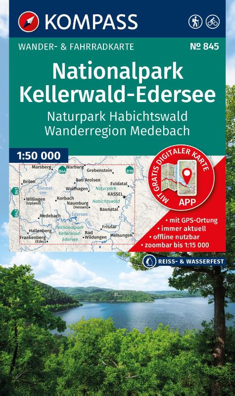 KOMPASS Wanderkarte 845 Nationalpark Kellerwald-Edersee, Naturpark Habichtswald, Wanderregion Medebach 1:50.000 - Wander- und Fahrradkarte in einem - inklusive Offline-Verwendung in der KOMPASS-App. Wander-& Radwege.