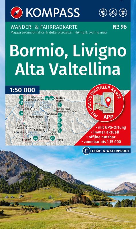 KOMPASS Wanderkarte 96 Bormio, Livigno, Alta Valtellina 1:50.000 - Wander- und Fahrradkarte in einem - inklusive Offline-Verwendung in der KOMPASS-App. Wander-& Radwege. Skitouren.