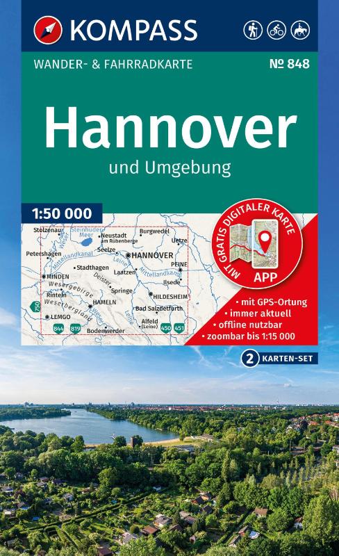 KOMPASS Wanderkarten-Set 848 Hannover und Umgebung (2 Karten) 1:50.000 - inklusive Karte zur offline Verwendung in der KOMPASS-App. Fahrradfahren.