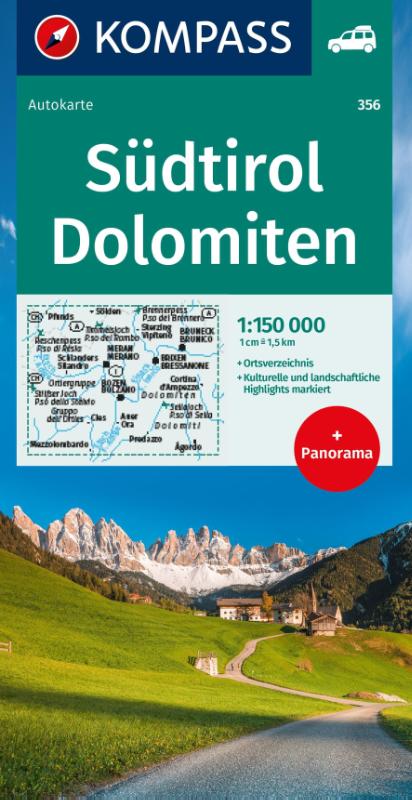 KOMPASS Autokarte Südtirol, Dolomiten, South Tyrol, Dolomites 1:150.000 - mit Panorama auf der Rückseite