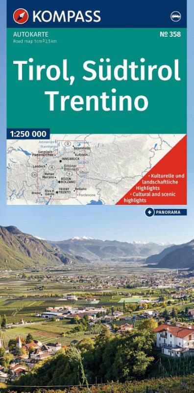 KOMPASS Autokarte Tirol, Südtirol, Trentino/Tirolo, Alto Adige, Trentino 1:250.000 - mit Strassenkarte