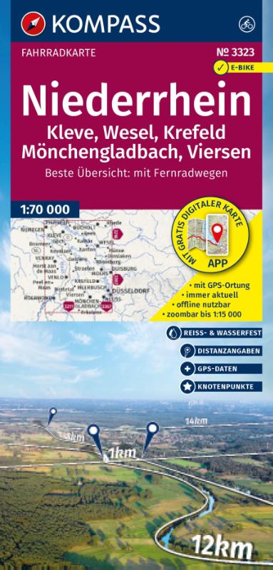 KOMPASS Fahrradkarte 3323 Niederrhein, Kleve, Wesel, Krefeld, Mönchengladbach, Viersen mit Knotenpunkten 1:70.000 - reiß- und wetterfest