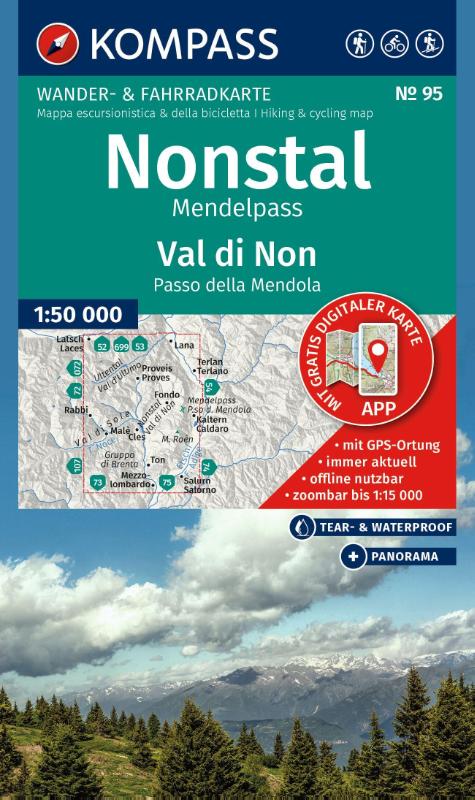 KOMPASS Wanderkarte 95 Nonstal, Mendelpass, Val di Non, Passo della Mendola 1:50.000 - Wander- und Fahrradkarte in einem - inklusive Offline-Verwendung in der KOMPASS-App. Wander-& Radwege. Panorama. Skitouren.