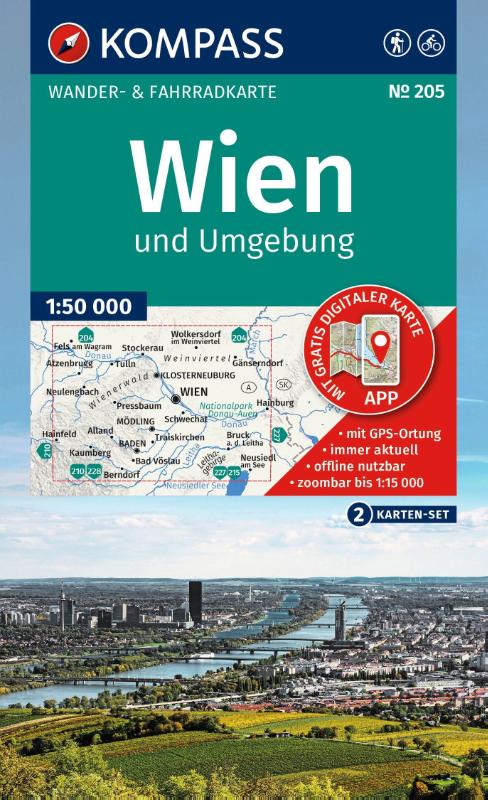 KOMPASS Wanderkarten-Set 205 Wien und Umgebung (2 Karten) 1:50.000 - inklusive Karte zur offline Verwendung in der KOMPASS-App. Fahrradfahren.