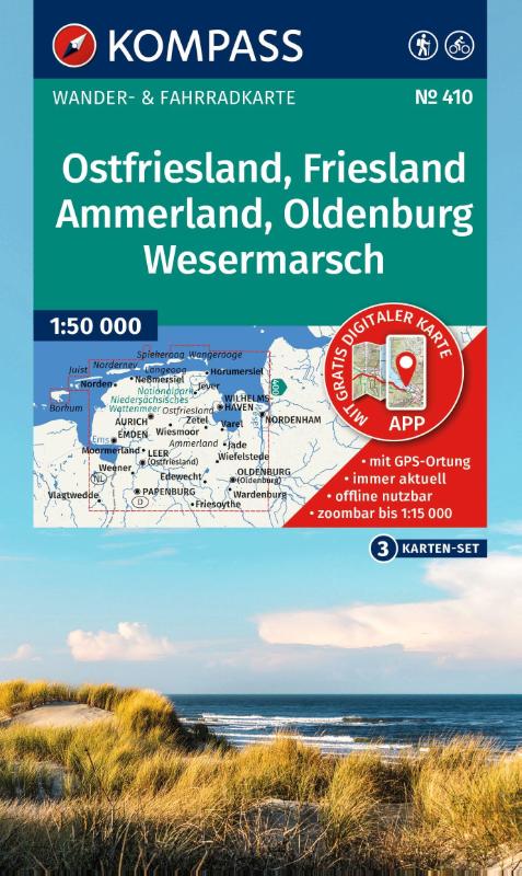 KOMPASS Wanderkarten-Set 410 Ostfriesland, Friesland, Ammerland, Oldenburg, Wesermarsch (3 Karten) 1:50.000 - inklusive Karte zur offline Verwendung in der KOMPASS-App. Fahrradfahren.