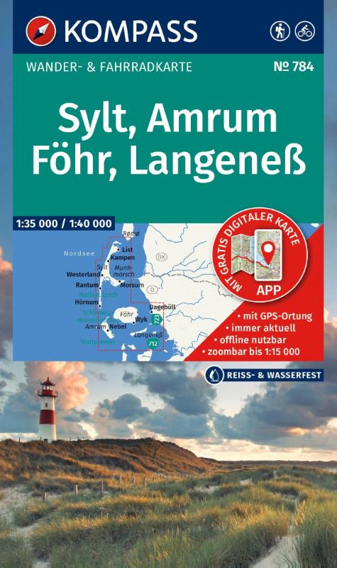 KOMPASS Wanderkarte 784 Sylt, Amrum, Föhr, Langeneß 1:35.000 - Wander- und Fahrradkarte in einem - inklusive Offline-Verwendung in der KOMPASS-App. Wander-& Radwege.