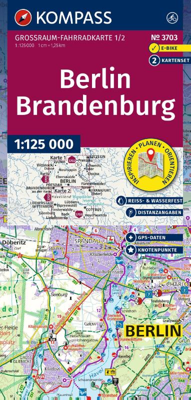 KOMPASS Großraum Fahrradkarte 3703 Berlin-Brandenburg, mit Knotenpunkten 1:125.000 - 2 Karten im Set, reiß- und wetterfest, GPX-Daten zum Download