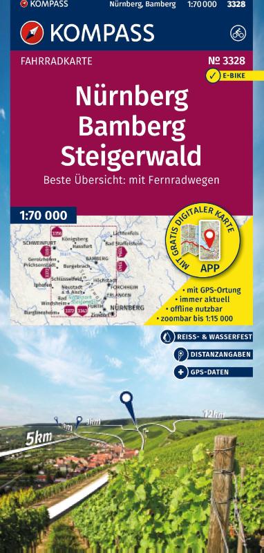 KOMPASS Fahrradkarte 3328 Nürnberg, Bamberg, Steigerwald 1:70.000 - reiß- und wetterfest