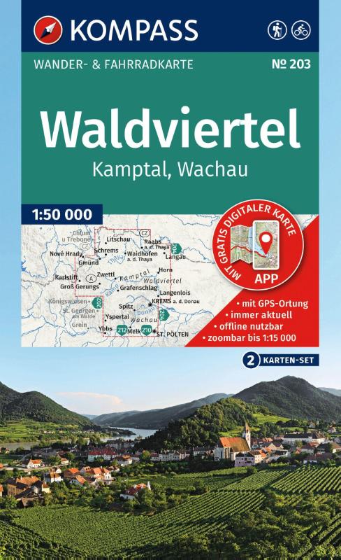 KOMPASS Wanderkarten-Set 203 Waldviertel, Kamptal, Wachau (2 Karten) 1:50.000 - inklusive Karte zur offline Verwendung in der KOMPASS-App. Fahrradfahren.