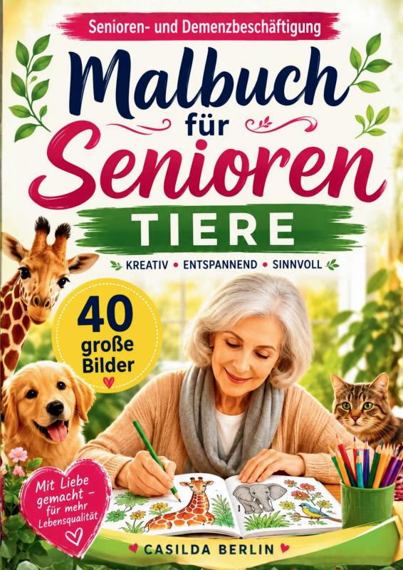 Malbuch für Senioren Tiere - Senioren- und Demenzbeschäftigung - 40 große Bilder