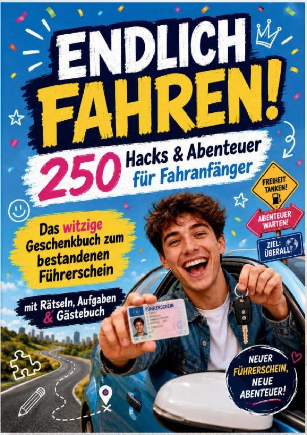 ENDLICH FAHREN! 250 Hacks & Abenteuer für Fahranfänger - Das witzige Geschenkbuch zum bestandenen Führerschein — mit Rätseln, Aufgaben & Gästebuch