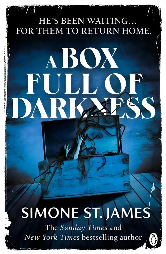 A dark blue book cover of a box full of darkness by simone st showing a distressed wooden box with tangled wires published by penguin books ltd