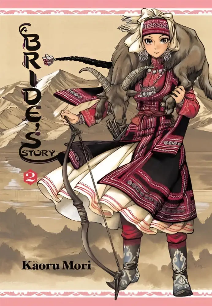 A bride in a red and black embroidered dress with white trim and matching headpiece holding a bow in a bride’s story volume 2
