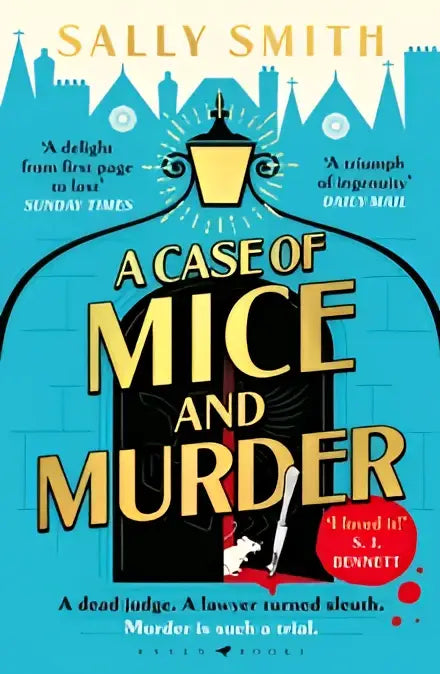 De boekcover van a case of mice and murder door sally smith toont gele letters en een lantaarn tegen een donkere achtergrond met the temple thema