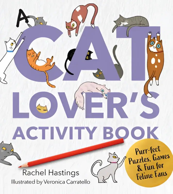 A vibrant purple and white activity book titled a cat lover’s activity book featuring playful cats fun for feline fans