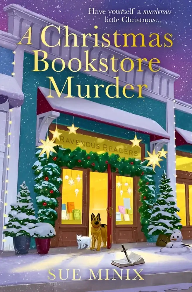 A festive christmas bookstore storefront with glowing lights and garlands in the christmas bookstore murder by harpercollins publishers