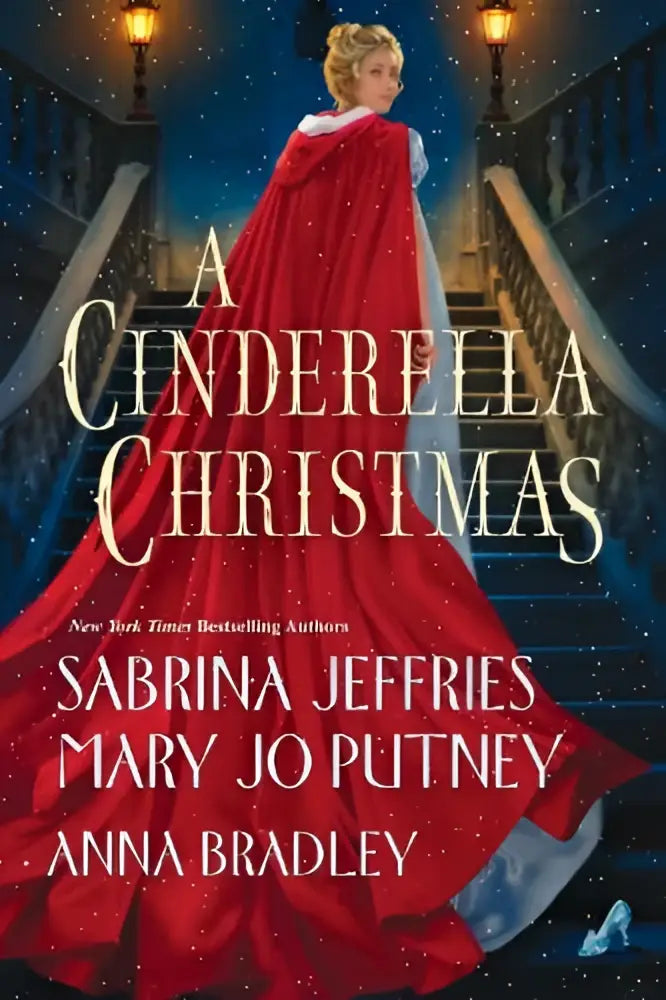Vrouw in een vloeiende rode fluwelen jurk met witte kant versiering op een trap bij starry night in cinderella christmas van kensington publishing