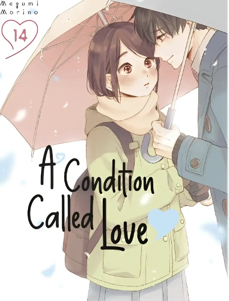 Een zachtroze paraplu met een delicaat licht gebogen handvat vastgehouden door een animepersonage in condition called love 14 cover