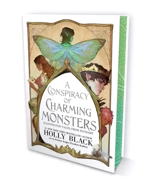 Een special edition hardcover boek van holly black a conspiracy of charming monsters met een groene vlinder en vintage illustraties