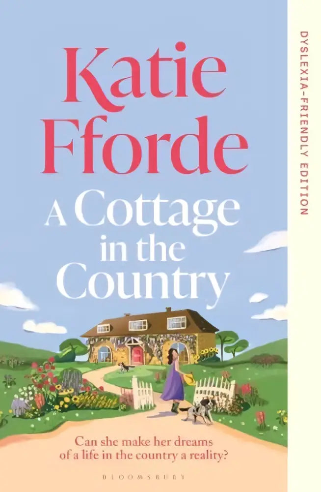 De voorkant van a cottage in the country dyslexia-friendly edition toont een knusse cottage met wit en bruin te midden van groen