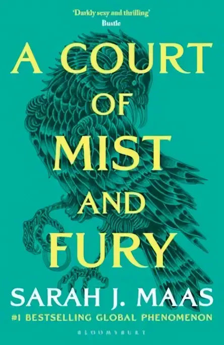 Hardback teal book cover of a court of mist and fury featuring a black and white ornate bird illustration and bold yellow title
