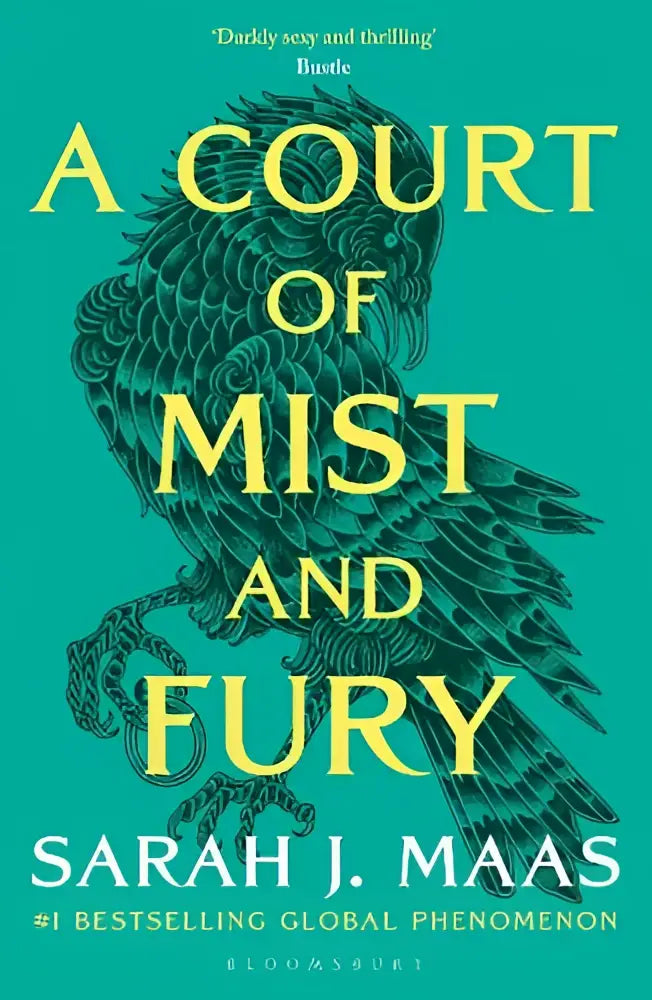 Teal boekomslag van de tweede boek a court of mist and fury met een gedetailleerde zwart-witte illustratie van een uil