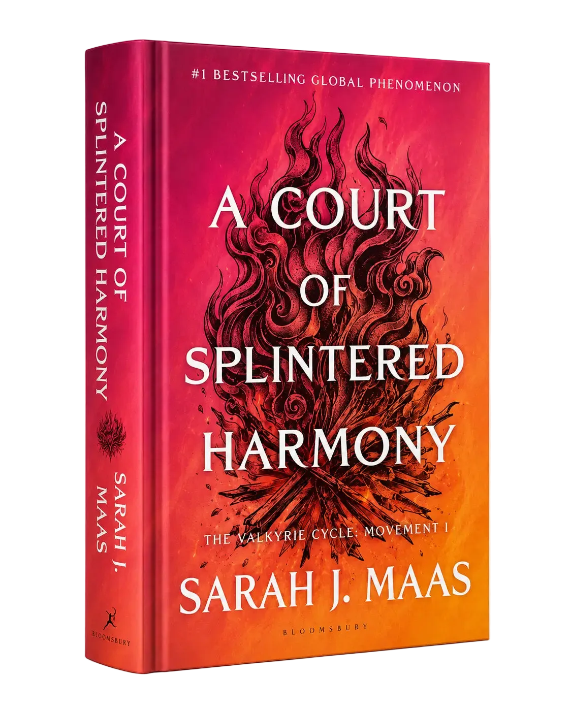 Een levendig rood hardcover boek genaamd a court of splintered harmony door sarah j. maas zesde deel fae courts thorns and roses
