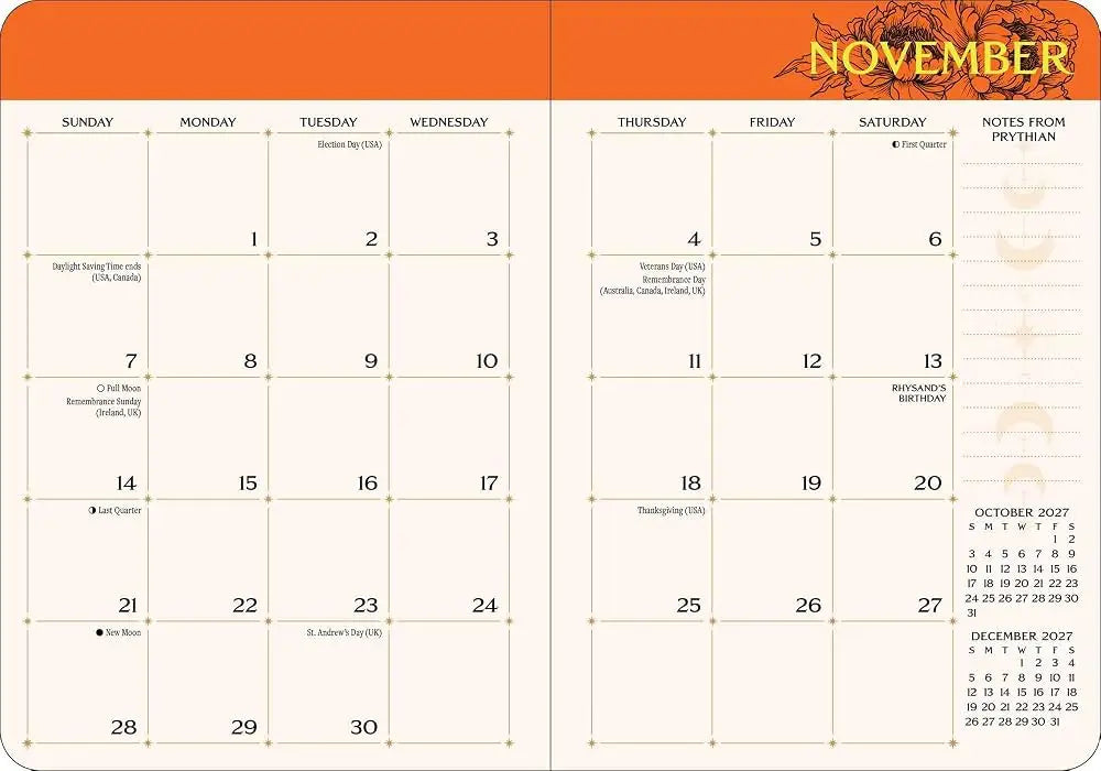 Orange-themed november 2027 monthly planner pages for a court of thorns and roses 2027 calendar with floral design