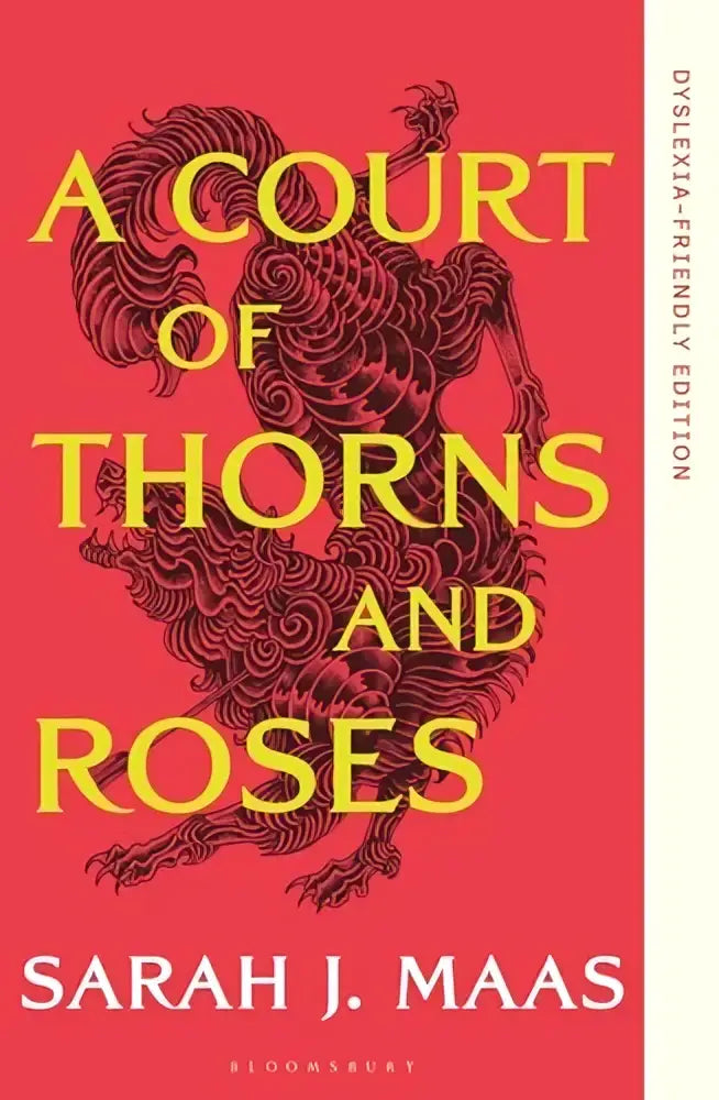 A vibrant red hardcover dyslexia-friendly edition of thorns and roses by sarah j with a dragon illustration